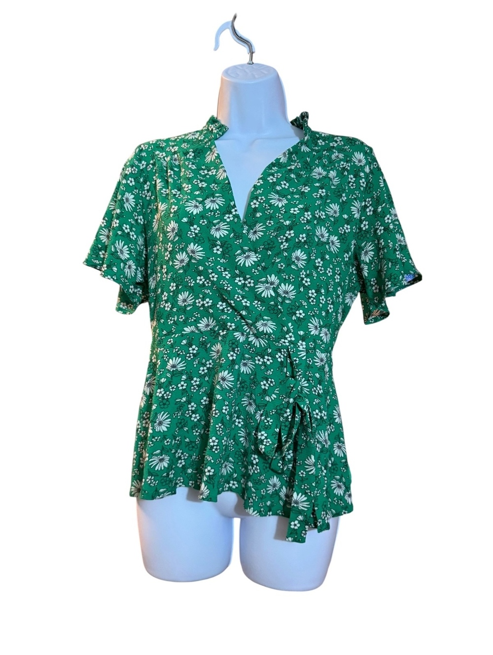 Monteau Green Floral Faux Wrap Blouse